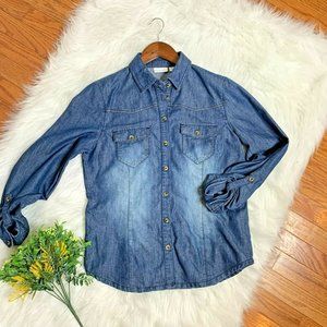 TRIBAL Jeans Top/Shirt Sz S Stretch- Roll/ Up Sleeves Bluejean Button Up